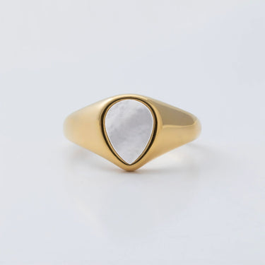 18K Gold PVD Stainless Steel Tear Drop MOP Signet Ring- gold studio 
