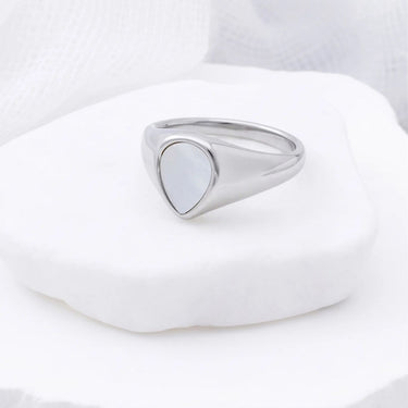 18K Gold PVD Stainless Steel Tear Drop MOP Signet Ring- silver studio 