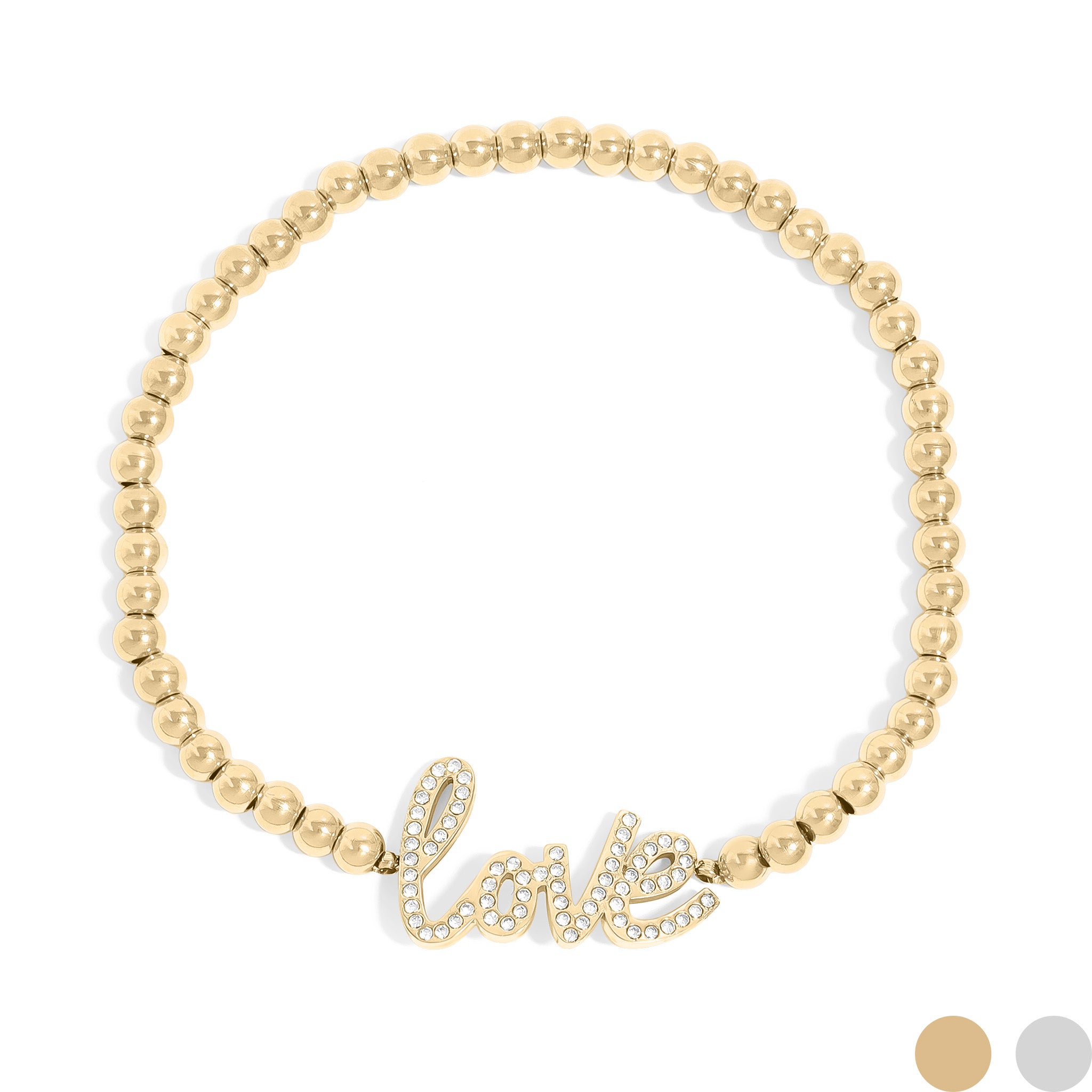 18K Gold PVD Stainless Steel Stone Love Metal Beaded Stretch Bracelet