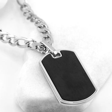 Mens Brushed Stainless Steel and Black Dog Tag - studio 