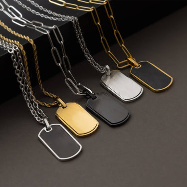 Mens Brushed Stainless Steel and Black Dog Tag