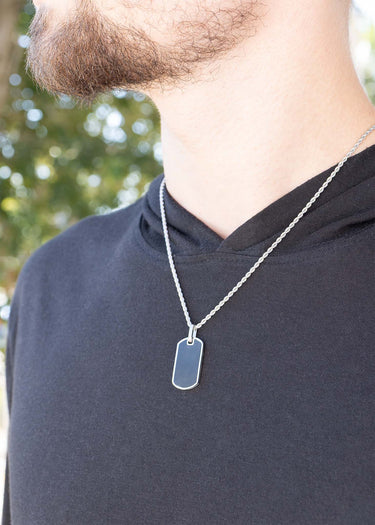 Mens Brushed Stainless Steel and Black Dog Tag