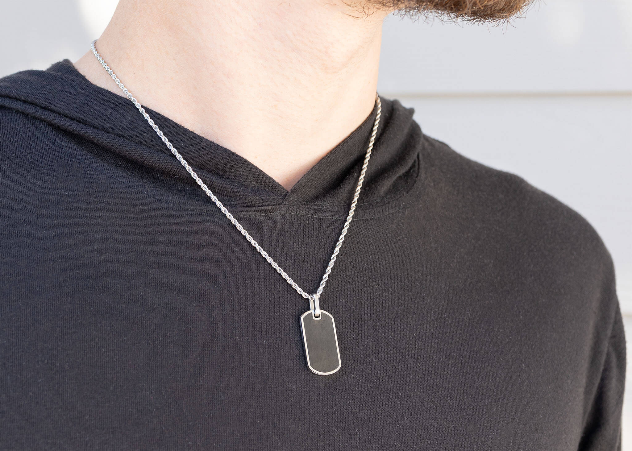 Mens Brushed Stainless Steel and Black Dog Tag