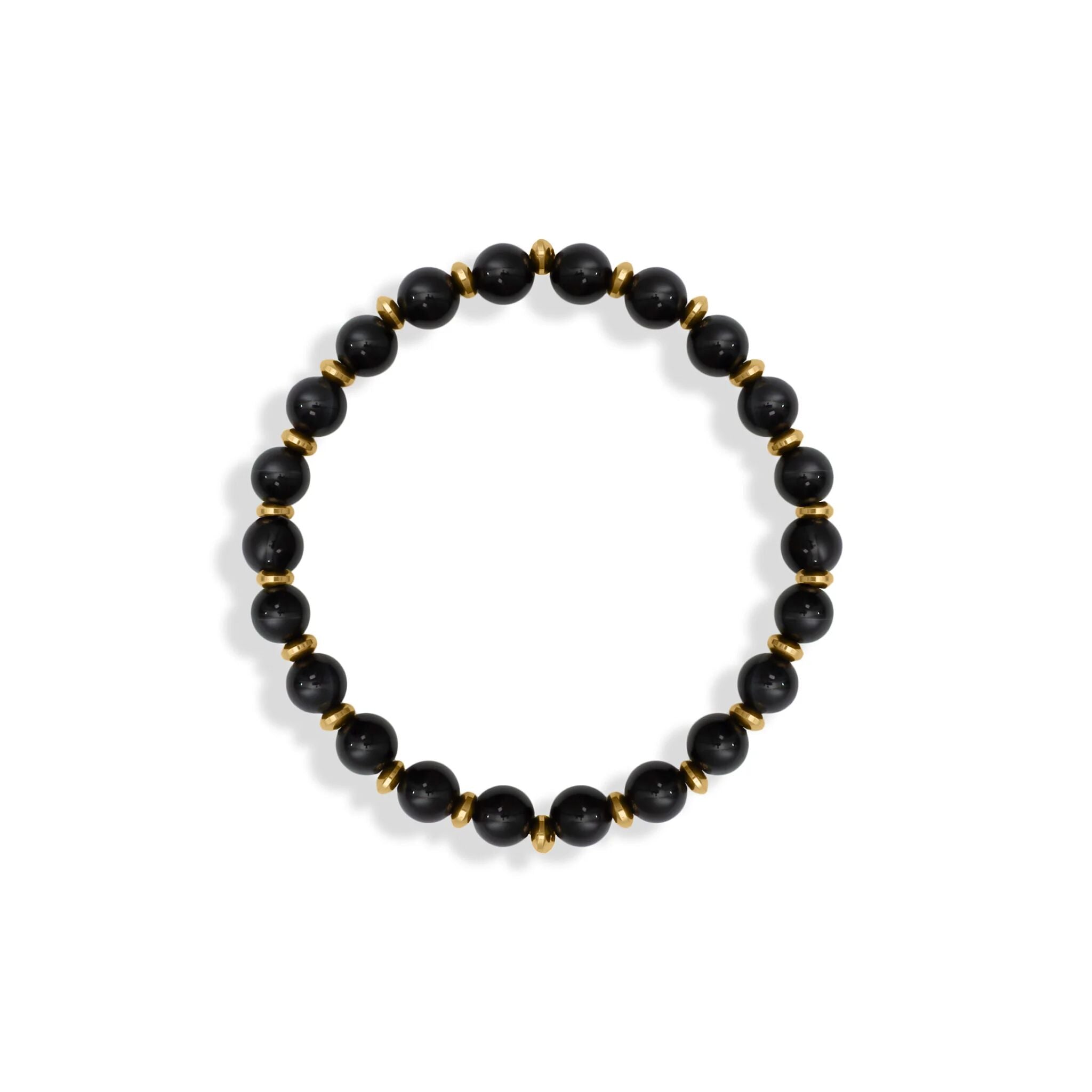 Black beaded bracelet with gold accents on a white background