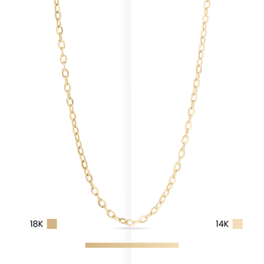 Gold chain necklace with 18K and 14K labels on a white background