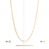 Gold chain necklace with 18K and 14K labels on a white background