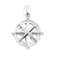 A stainless steel compass rose pendant with a polished finish on a white background.