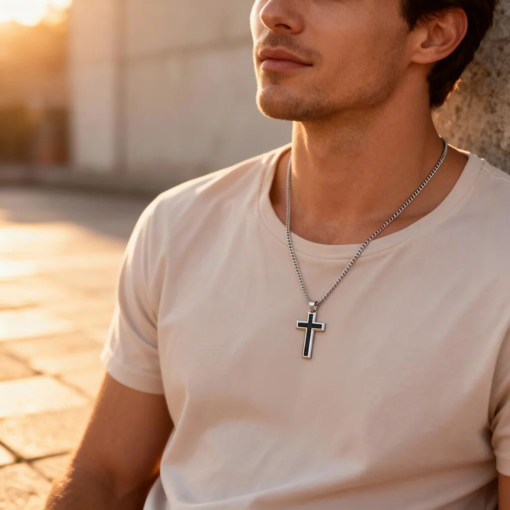 Pendant croix en fibre de carbone noir en acier inoxydable/PDJ0013