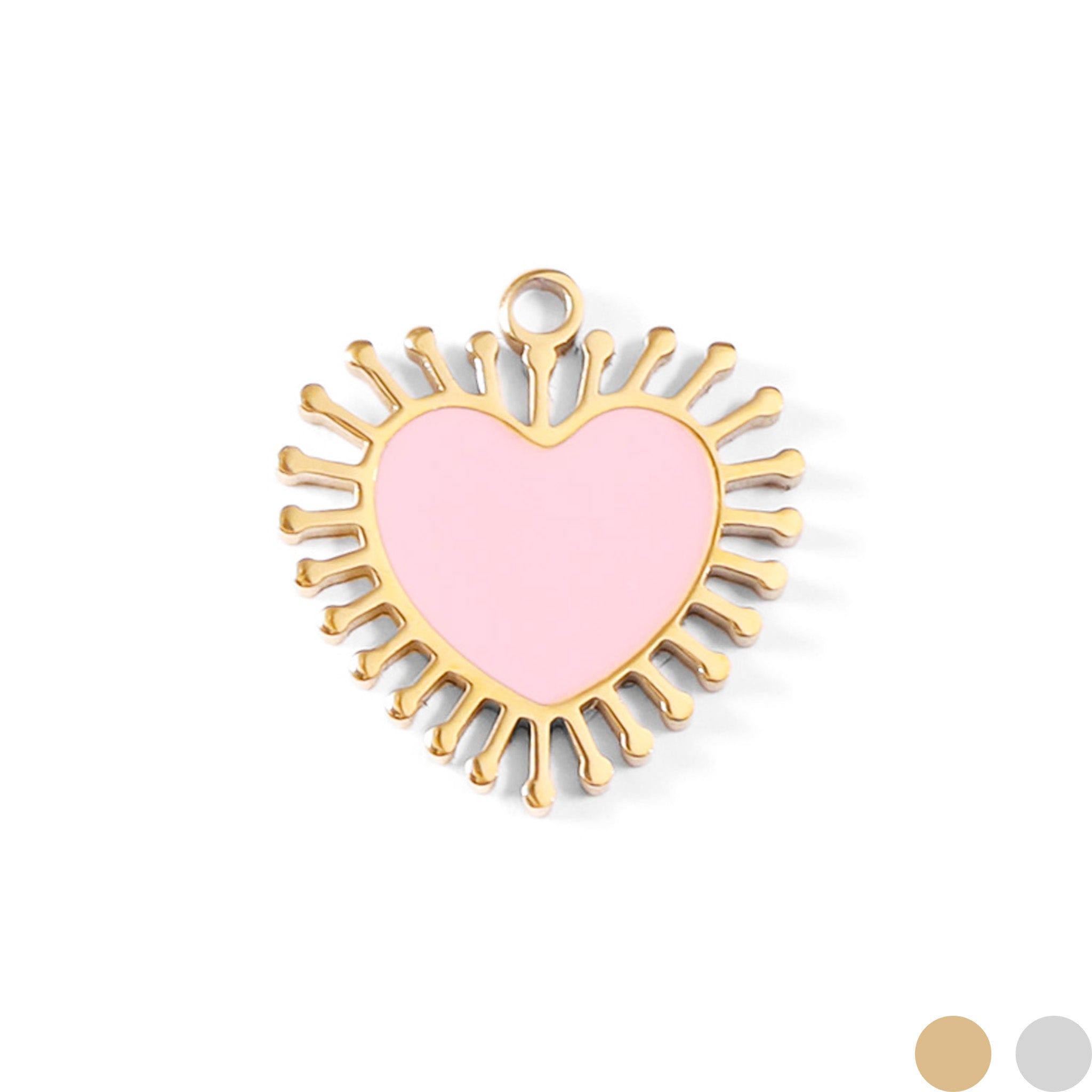 18K Gold PVD Stainless Steel Epoxy Pink Sun Ray Heart Charm / PDL0028