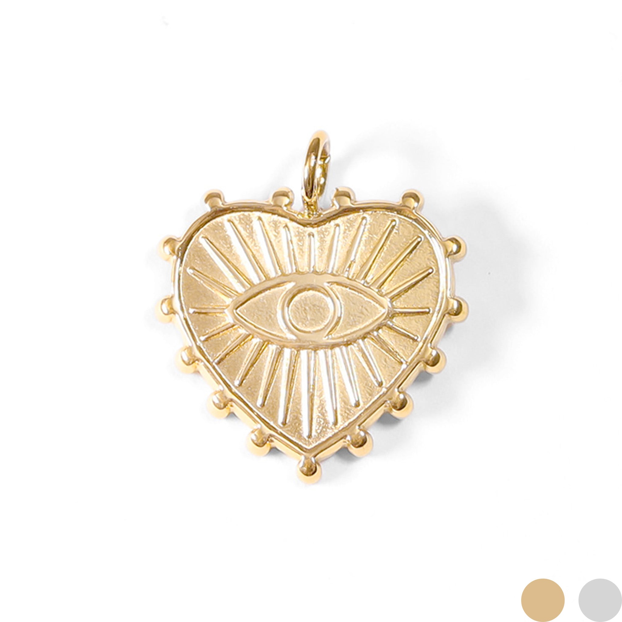 18K Gold PVD Stainless Steel Textured Heart Evil Eye Charm / PDL0054