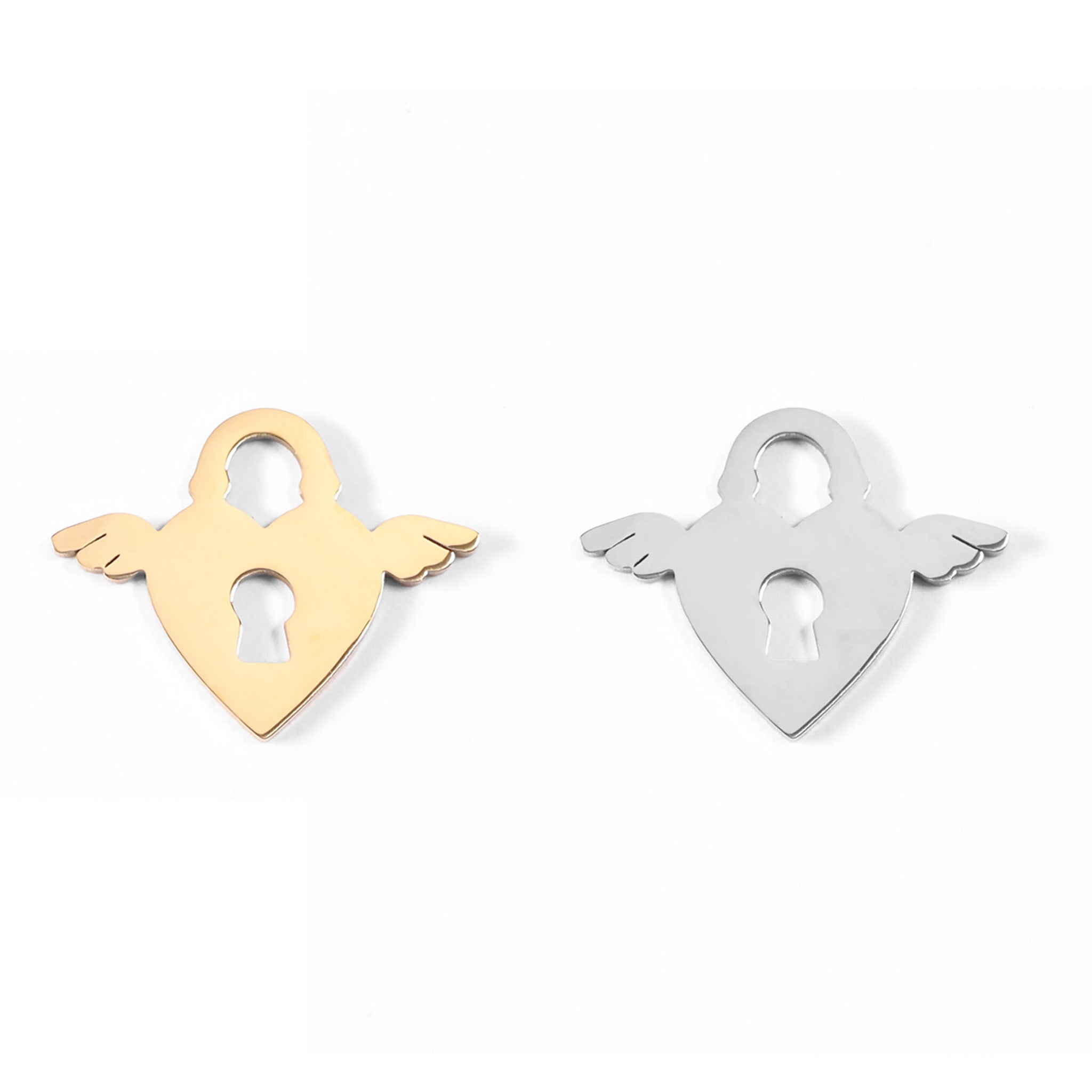 18K Gold PVD Stainless Steel Winged Heart Lock Charm / PDL0087