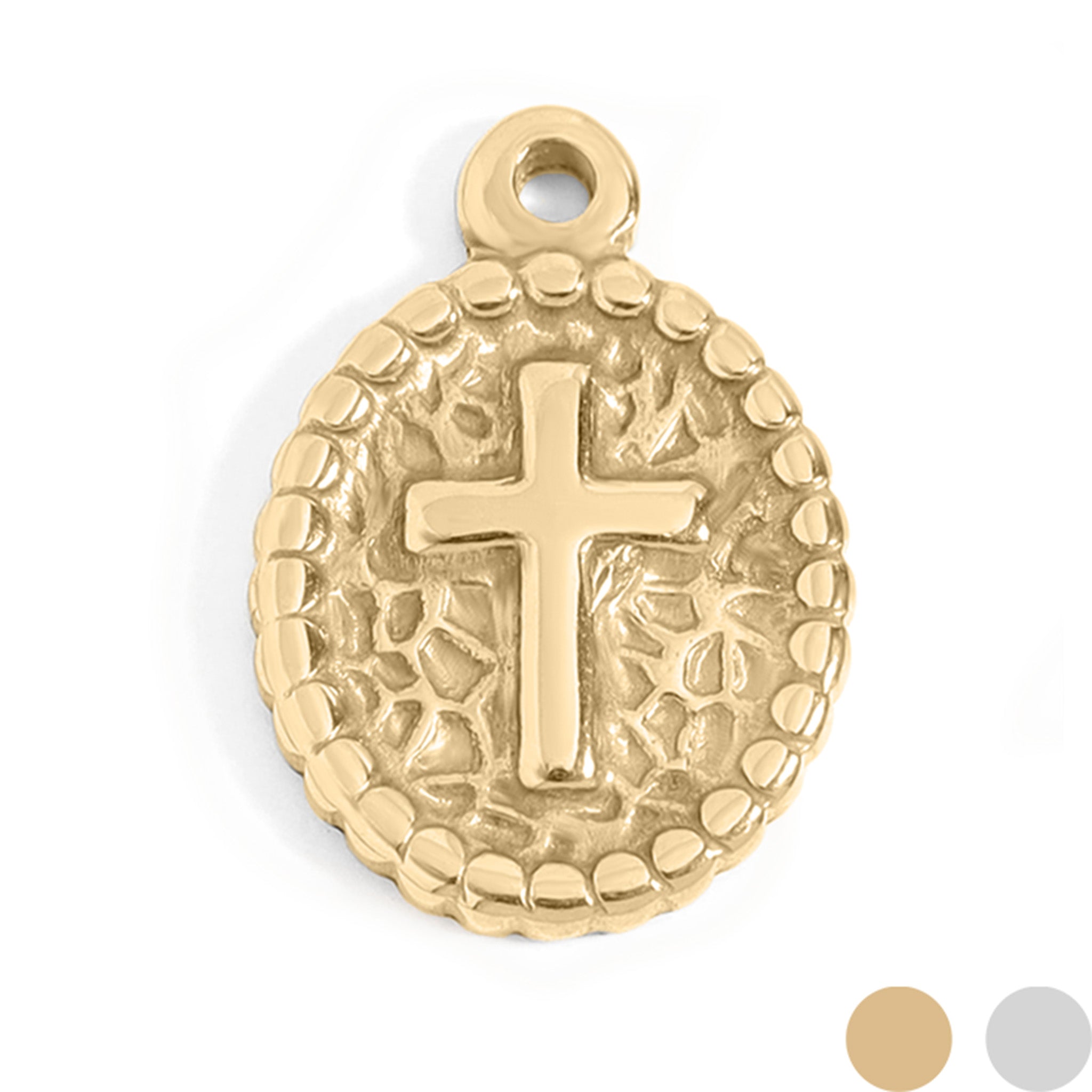 18K Gold PVD Stainless Steel Textured Medallion Cross Charm / PDL0115