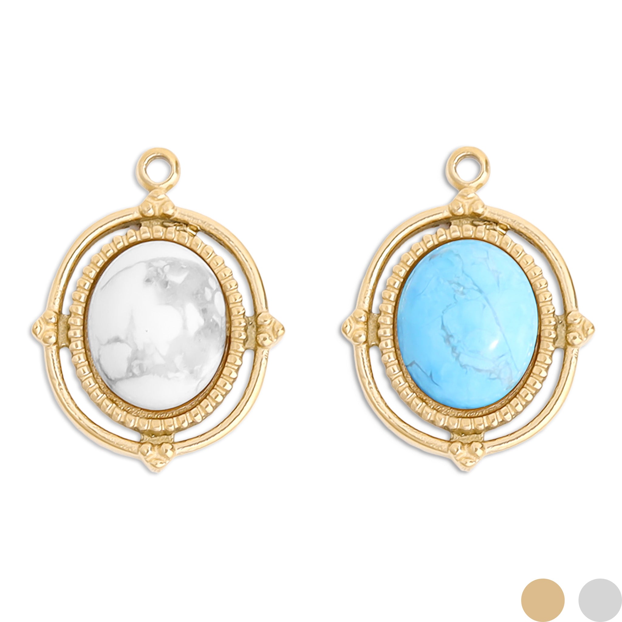 18k Gold PVD Rostfritt stål Roped Frame Oval Semi Precious Stone Charm / PDL0119