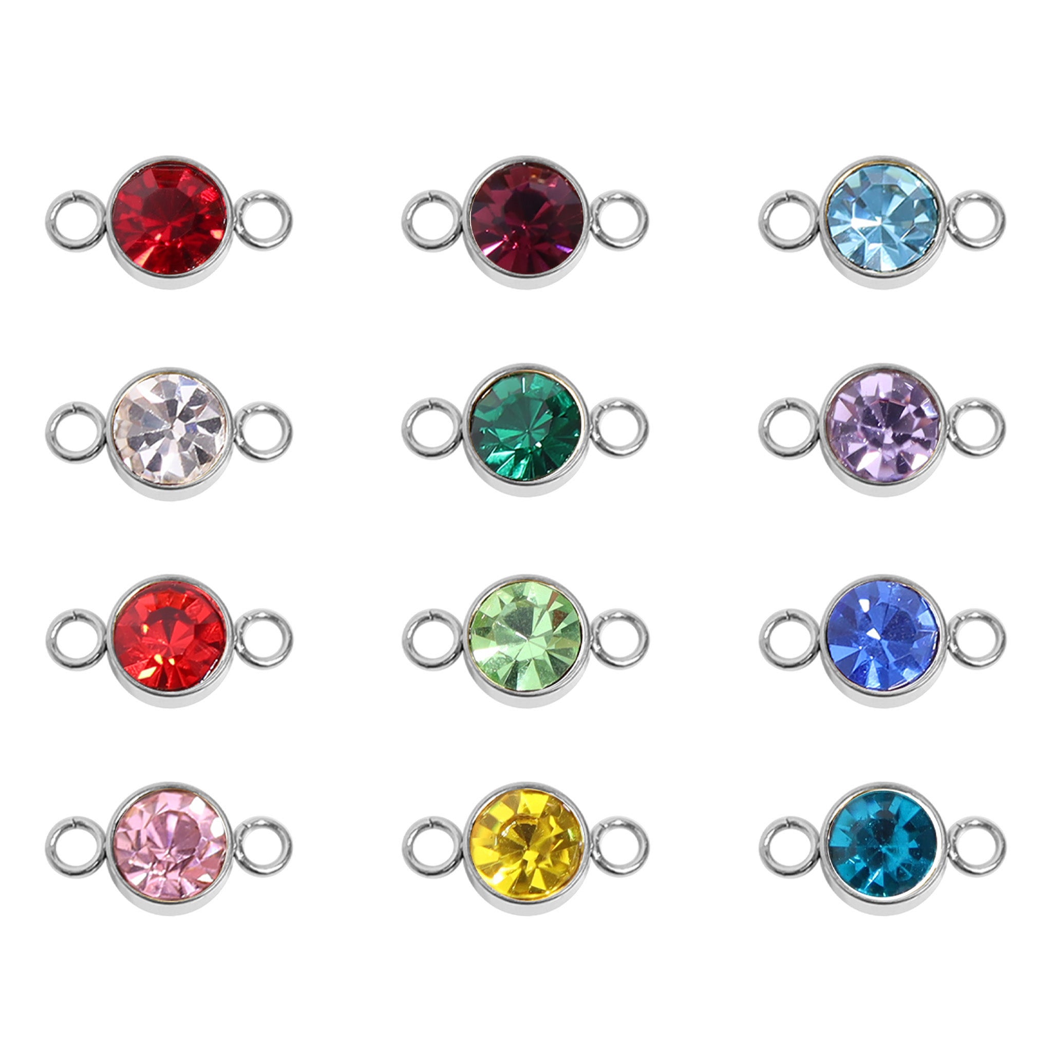 Stainless Steel Round Cubic Zirconia Birthstone Connector Charm / PDL0121