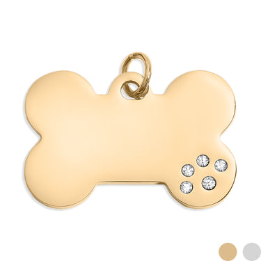 18K Gold PVD Blank Stainless Steel Dog Bone with CZ Stone Paw Pet Tag