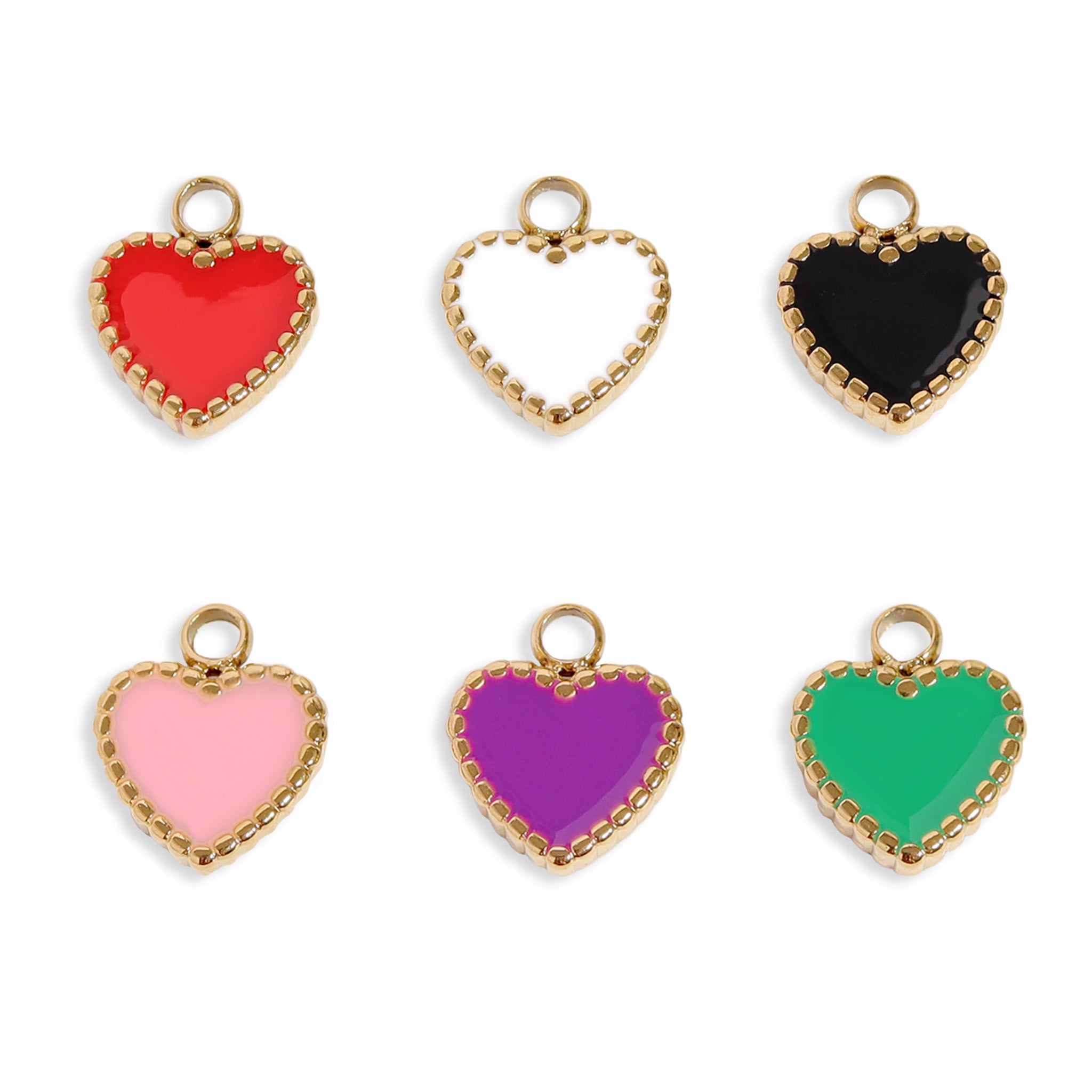 Gold rimmed epoxy centered-heart charms. Left-to-right, top-to-bottom: red, white, black, pink, purple, green