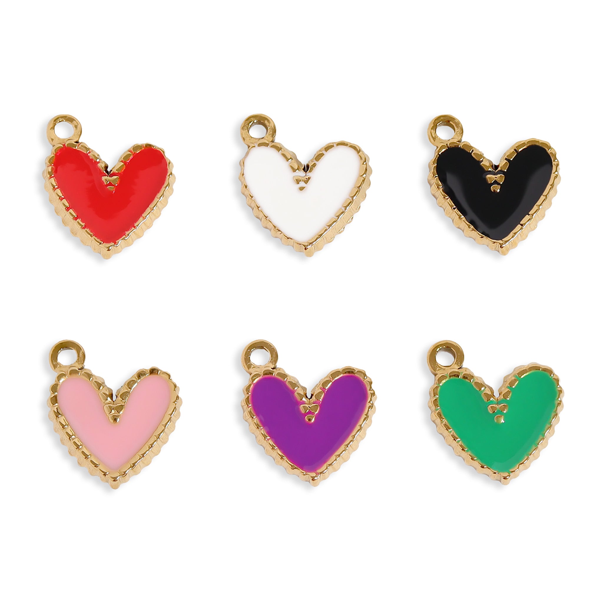 Gold rimmed epoxy centered-heart charms. Left-to-right, top-to-bottom: red, white, black, pink, purple, green