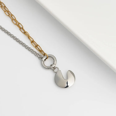 Spilt chain necklace with gold Fortune Cookie Charm, on a white background