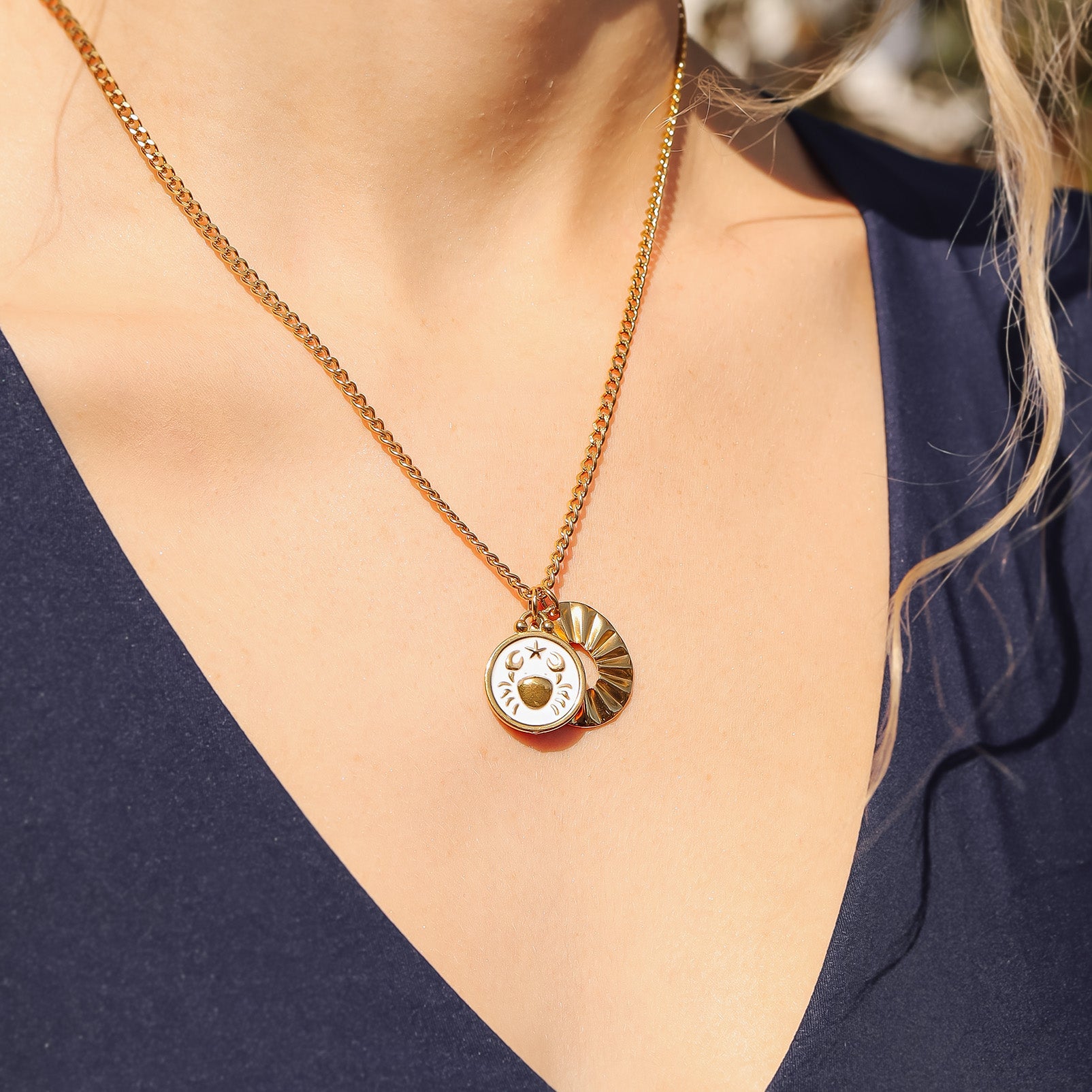 18K Gold PVD Stainless Steel Epoxy Filled Zodiac Pendants lifestyle
