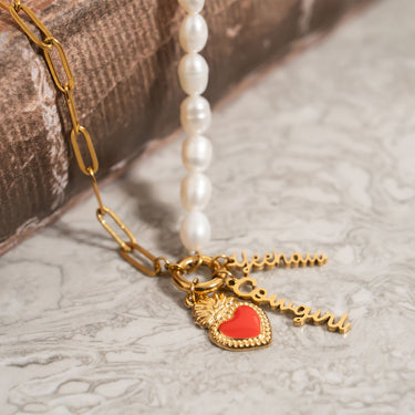 18K Gold PVD Stainless Steel Red Heart Charm on freshwater pearl chain with other charms