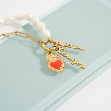 18K Gold PVD Stainless Steel Red Heart Charm on freshwater pearl chain with other charms