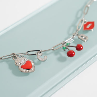 18K Gold PVD Stainless Steel Red Heart Charm on paperchip chain with other charm