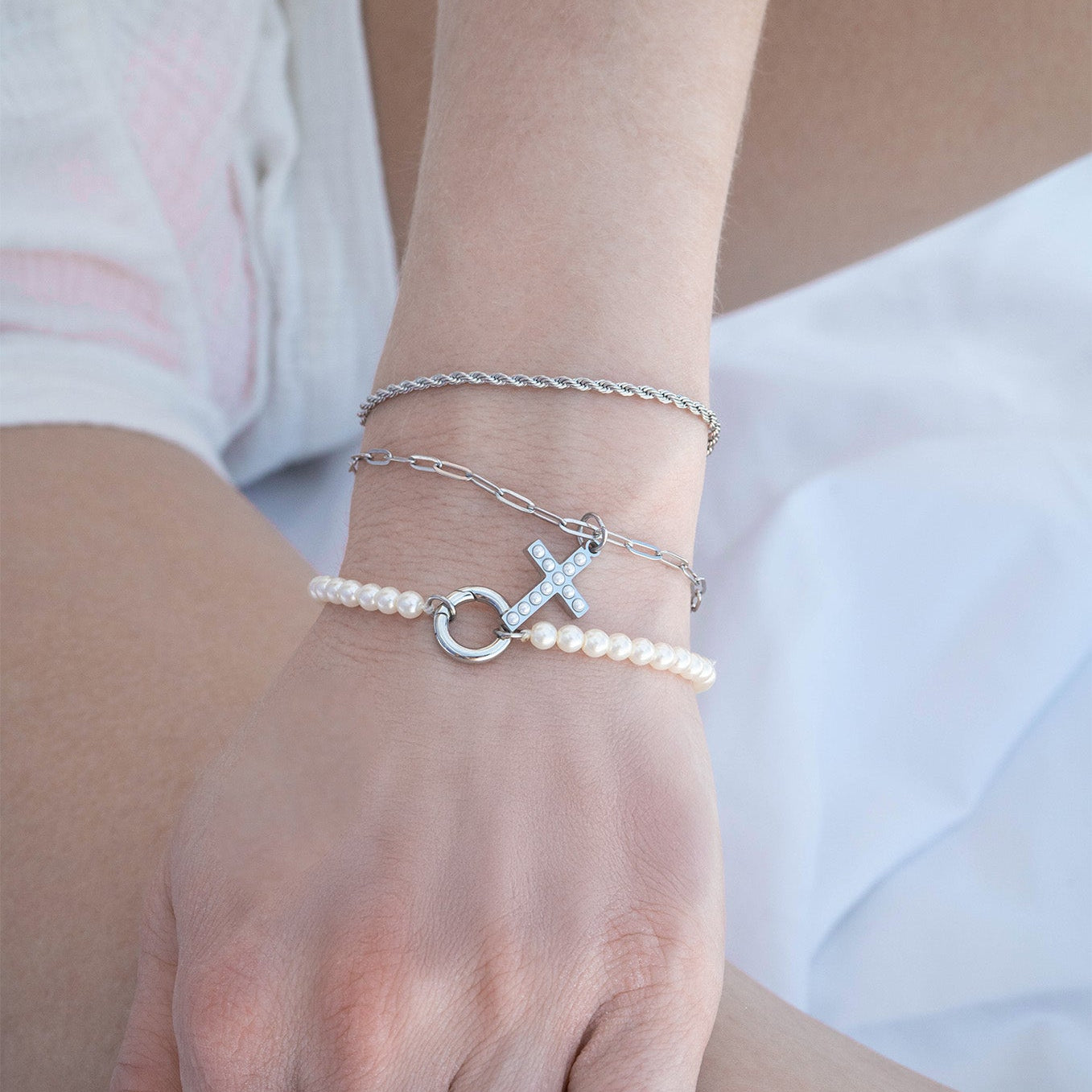 18K Gold PVD Stainless Steel Pearl Cross Charm