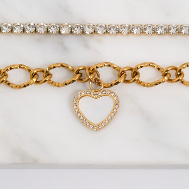 Mother of Pearl Heart Charm on Chain, Tennis Bracelet