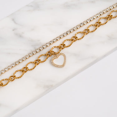 Mother of Pearl Heart Charm on Chain, Tennis Bracelet