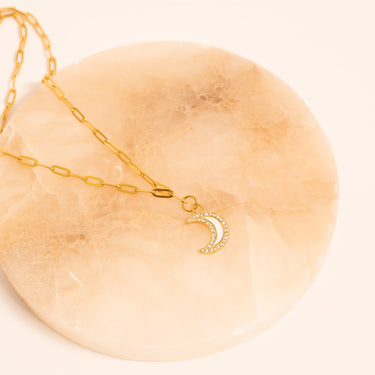 18K Gold PVD Stainless Steel Mother Of Pearl Moon with Stone boarder  Charm on Paperclip Chain