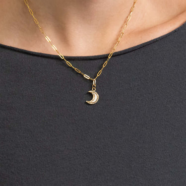 18K Gold PVD Stainless Steel Mother Of Pearl Moon with Stone boarder Charm on Paperclip Chain