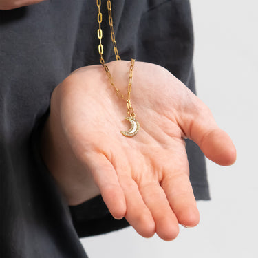 18K Gold PVD Stainless Steel Mother Of Pearl Moon with Stone boarder Charm on Paperclip Chain