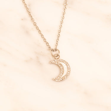 18K Gold PVD Stainless Steel Mother Of Pearl Moon with Stone boarder Charm on Sunburst Loop Chain
