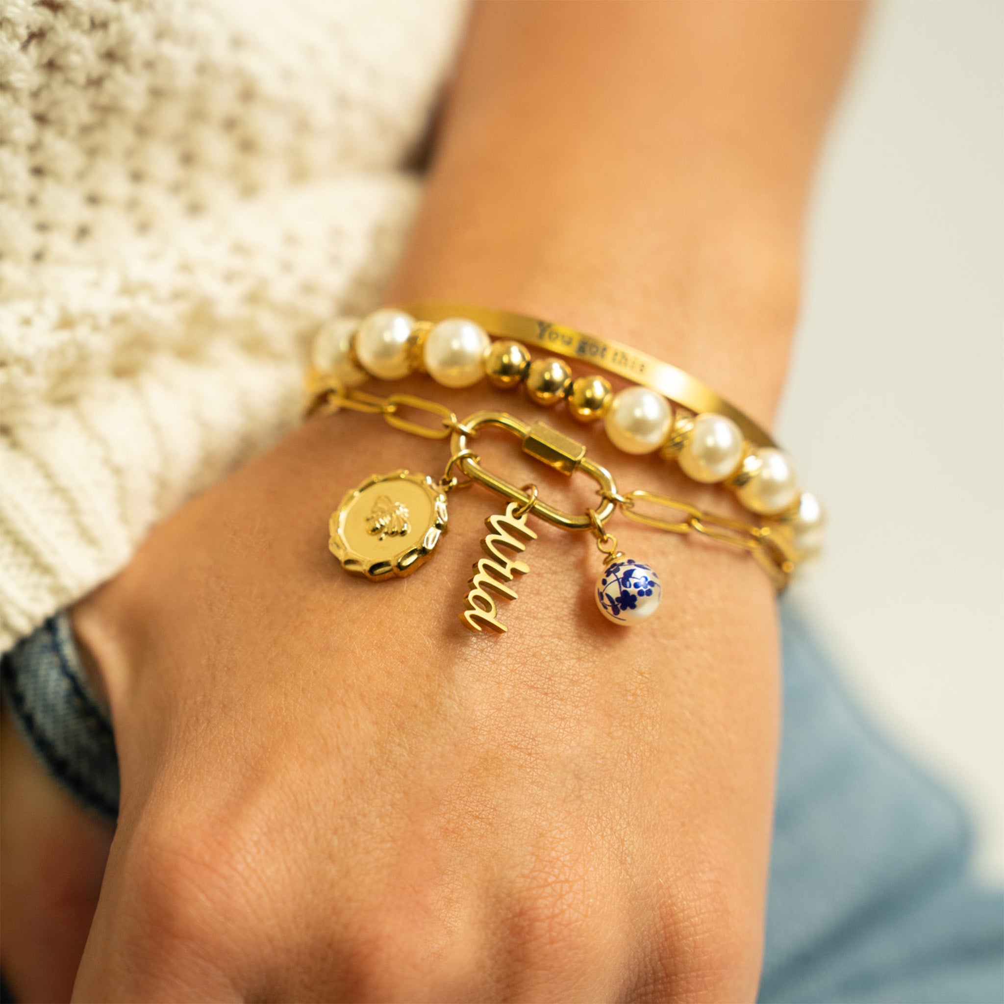 18K Gold PVD Stainless Steel Floral Printed Pearl