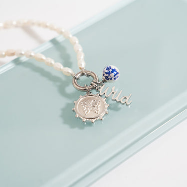 18K Gold PVD Stainless Steel Butterfly Pendant on Singapore Chain with Pearl and Wild Charms