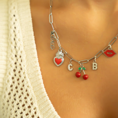 18K Gold PVD Stainless Steel Red Heart Charm on Paperclip chain with other charms