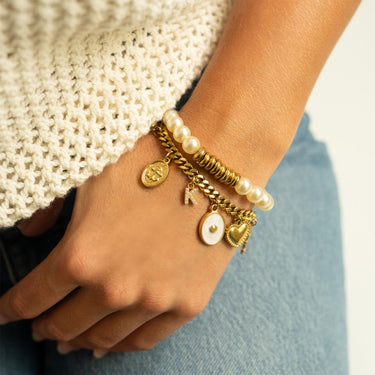 Anchor Pendant on curb chain with other charms, stretch pearl bracelet