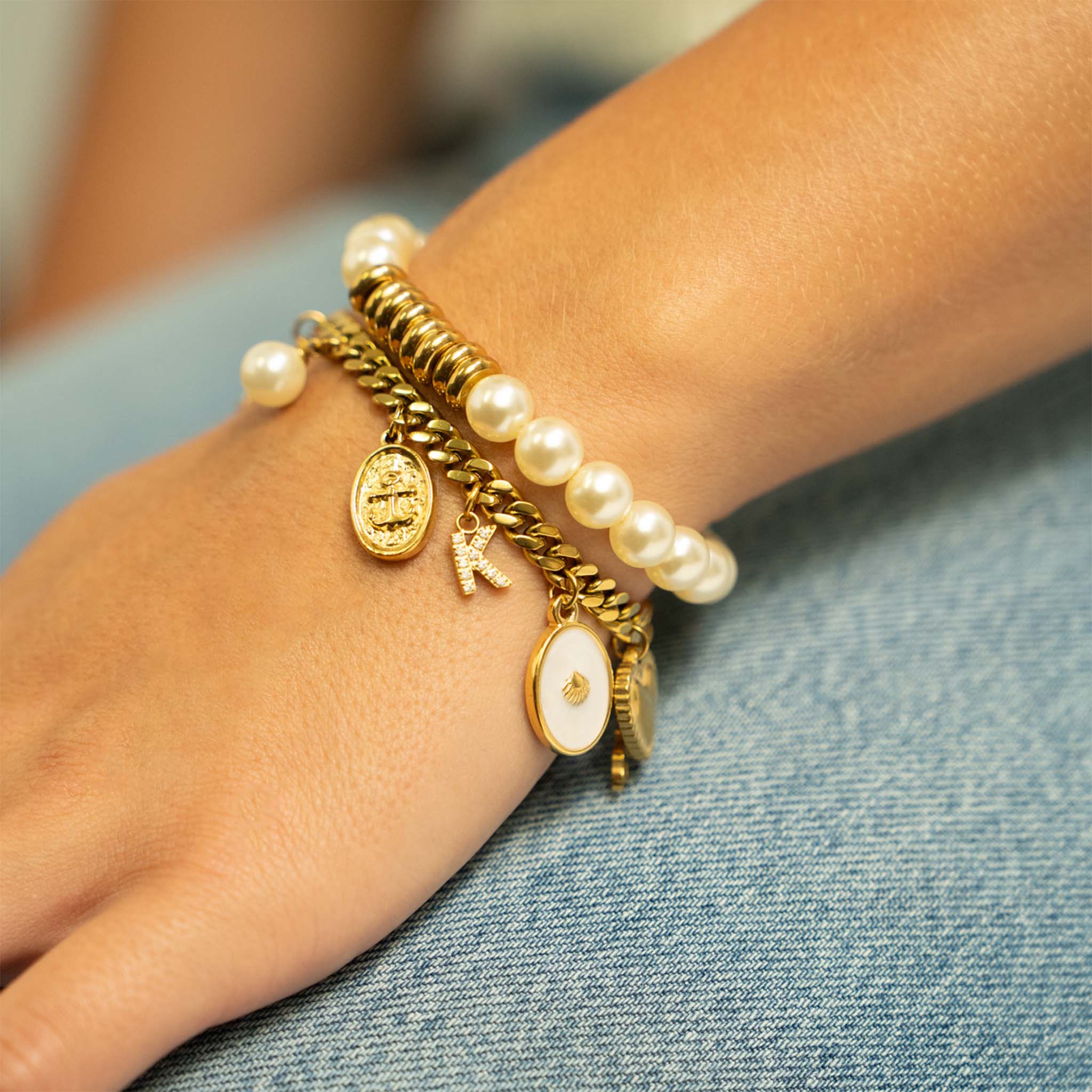 Anchor Pendant on curb chain with other charms, stretch pearl bracelet