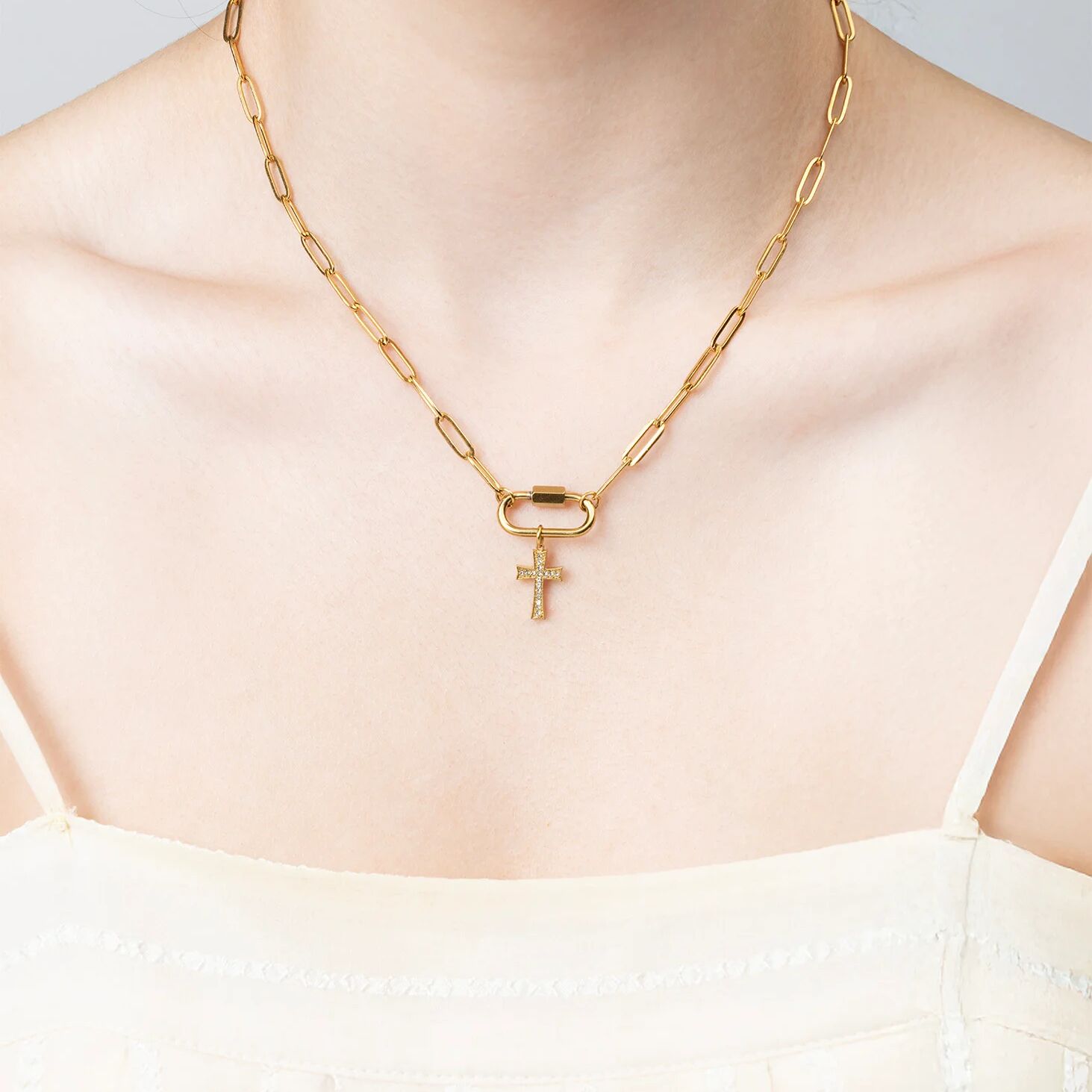 18K Gold PVD Stainless Steel Stone Cross Charm / PDL0306