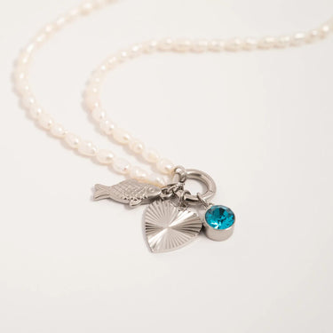Silver Fish Charm on Freshwater Pearl Charm Holder Necklace