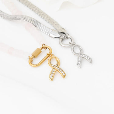 Wholesale jewelry 18K Gold PVD Stainless Steel Cancer Ribbon with Stones - gold and stainless studio  