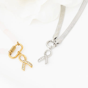 Wholesale jewelry 18K Gold PVD Stainless Steel Cancer Ribbon with Stones - gold and stainless studio  