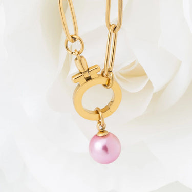 Wholesale jewelry 18K Gold PVD Stainless Steel Pink Pearl Charm - gold studio 