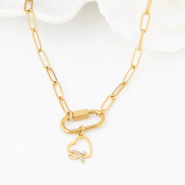 Wholesale jewelry 18K Gold PVD Stainless Steel Heart Ribbon with Stones Charm- gold studio