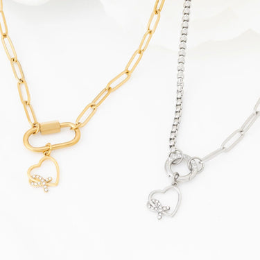 Wholesale jewelry 18K Gold PVD Stainless Steel Heart Ribbon with Stones Charm- stainless and gold studio 