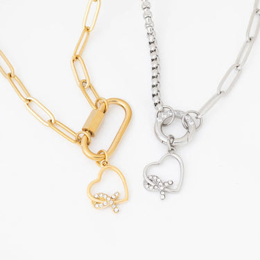 Wholesale jewelry 18K Gold PVD Stainless Steel Heart Ribbon with Stones Charm- stainless and gold studio 