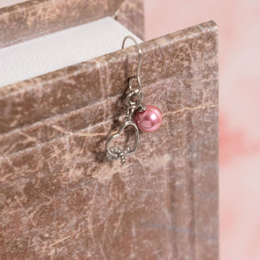 Heart with Ribbon with Stones Charm with Pink Pearl Earring