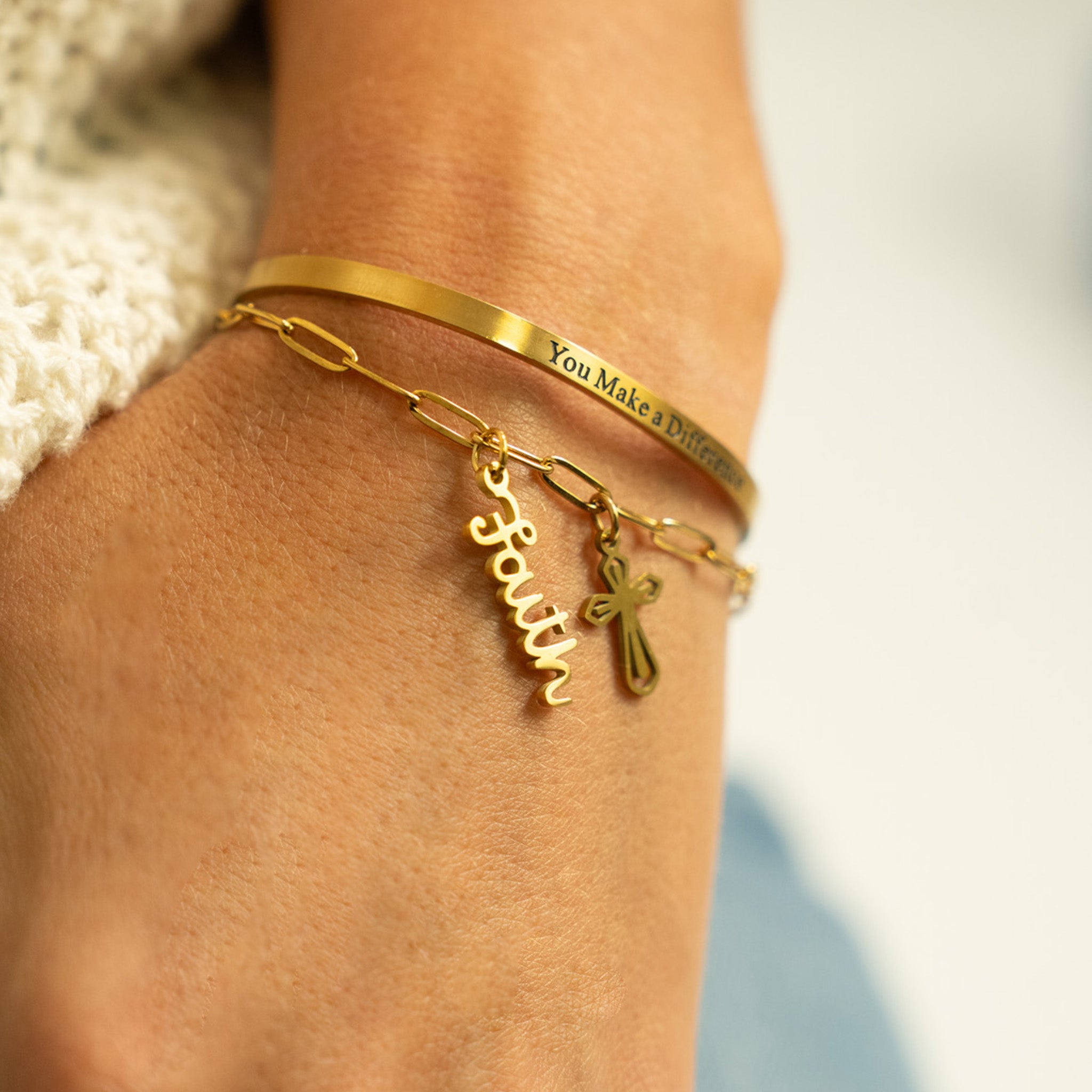 Faith Charm with Cross Charm on Paperclip Bracelet and Engraved Bracelet
