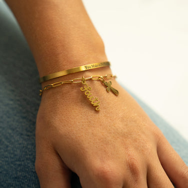 Faith Charm with Cross Charm on Paperclip Bracelet and Engraved Bracelet