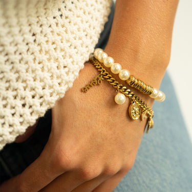 Script Love Charm w/other charms on Curb Chain and Pearl Bracelet